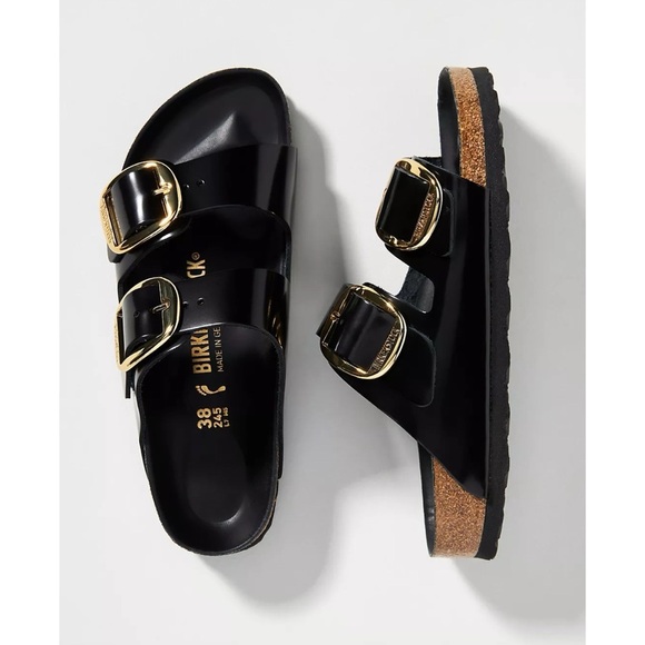 New Birkenstock Arizona Big Buckle High Shine Sandals Black Gold US 9 / EUR 40 - Picture 11 of 12